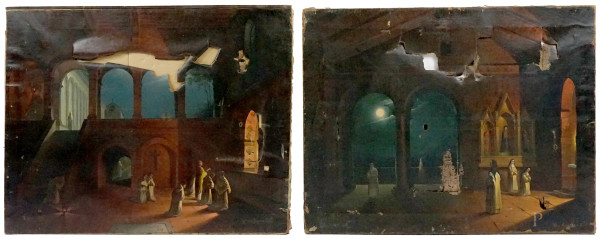 Scuola fiorentina, XIX secolo, coppia di vedute di chiostri con monaci e monache, olio su tela, cm 63x81, firmati e datati in basso, (difetti alle tele)