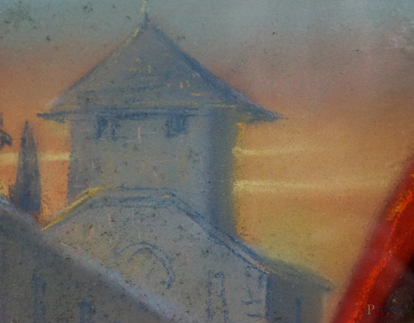 Fanciulla con lettera, pastello su carta, cm 86x62, entro cornice, (macchie)