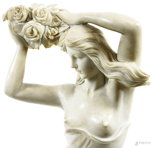 Scultura in marmo rappresentante una fanciulla con fiori, firmato E. Morillon, altezza cm 90