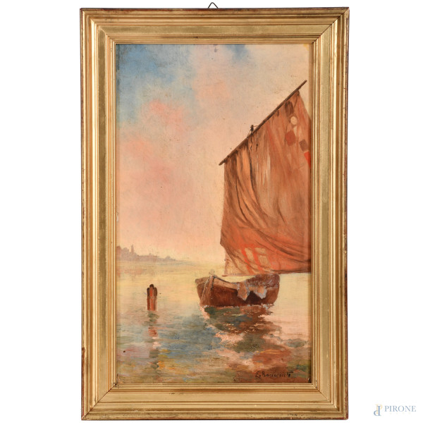 Barca al tramonto, olio su tavoletta, cm 51x30, firmato in basso a destra, entro cornice