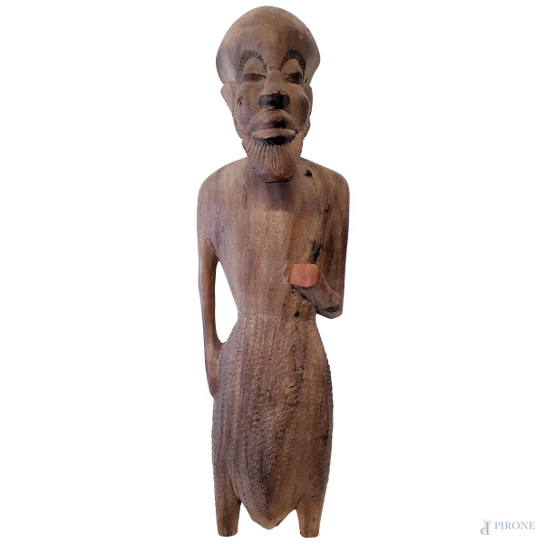 Scultura “Bamana”, Figura maschile di arte coloniale del Mali centro occidentale, inizi del XX sec., scolpito in legno duro a patina scura, altezza cm 83, prima metà del XX secolo