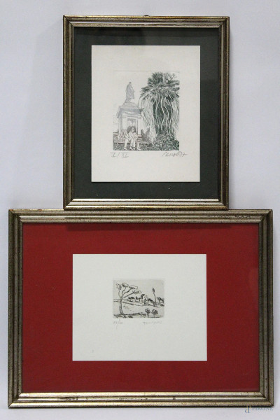 Lotto di due litografie di Carrol e Tamburi a soggetti e misure diverse, entro cornice.