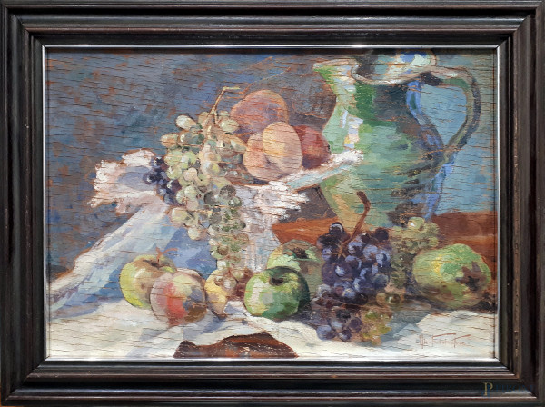 Nicola Fabricatore (1888-1962)  Natura morta con frutta e brocca, primi del Novecento, olio su tavola, cm 35x51, firmato