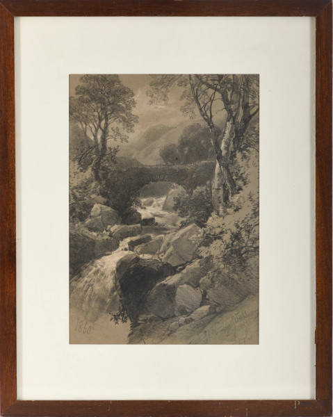 Torrente nel bosco, 1860, tecnica mista su carta, cm 23,3x16,3, firmato in basso a sinistra "Azeglio" (difetti)