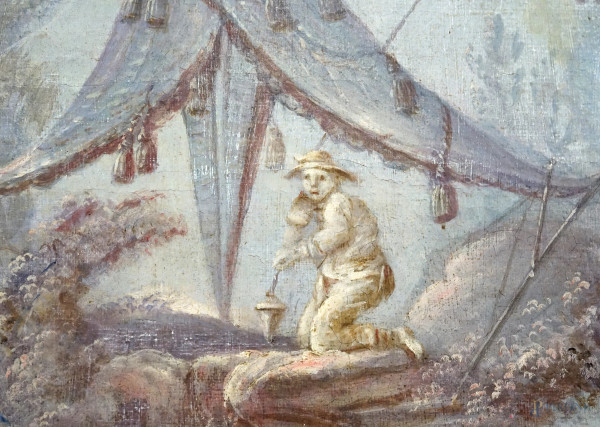 Coppia di pannelli decorati a chinoserie, con piante e volatili, fine XIX-inizi XX secolo, olio s...