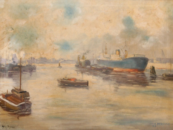 Scorcio di porto con nave e barche