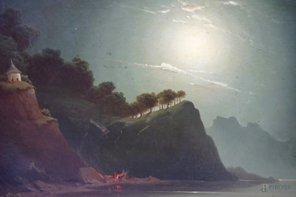 Veduta lacustre al chiaro di luna, olio su tela, fine XIX secolo, firmato in basso a destra, cm 6...