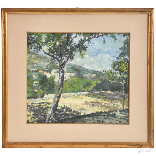 Paesaggio con albero e case, olio su tela, cm 48x52 compreso passepartout, firmato e dataato 1937 in basso a destra, entro cornice, (ondulazioni della tela e sollevamenti di colore)