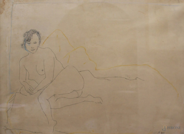 Ugo Attardi - Nudo, tecnica mista su carta rintelata, 50x70 cm, entro cornice con autentica