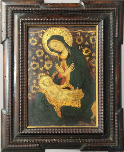 Da Gentile da Fabriano, Madonna con bambino, vecchia riproduzione su tela, cm 35 x 25, entro cornice.