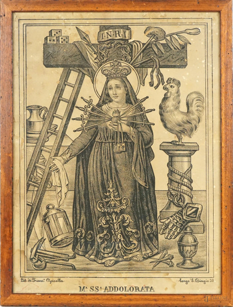 Madonna SS. Addolorata, multiplo su carta, cm 44x3, XIX secolo, entro cornice, (difetti sulla carta).