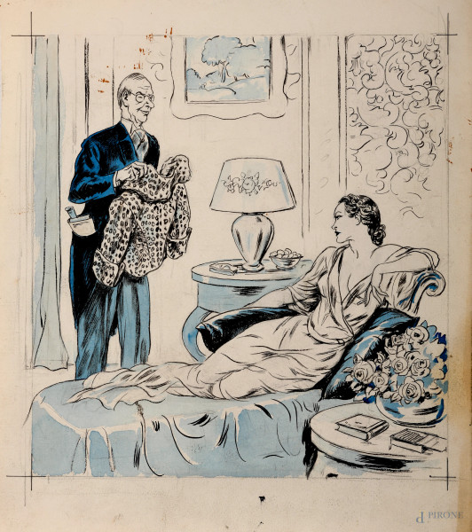 Luigi Bompard (1879 - 1953), Il maggiordomo, tecnica mista su carta (recto e verso), cm 33,5x29 (lievi segni di usura del tempo)