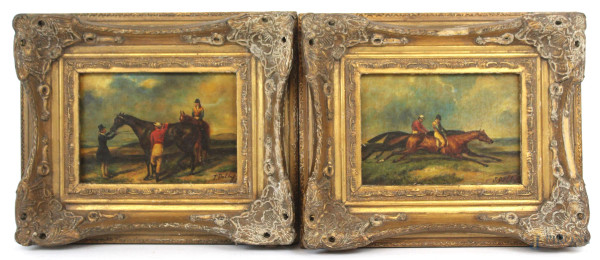 Lotto di due dipinti raffiguranti fantini a  cavallo, olio su masonite, cm 11,5x16,5, firmati, entro cornici.