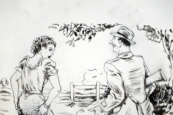 Luigi  Bompard - Scena di caccia umoristica, tecnica mista su carta, cm 25x17,5, (lievi difetti sulla carta)