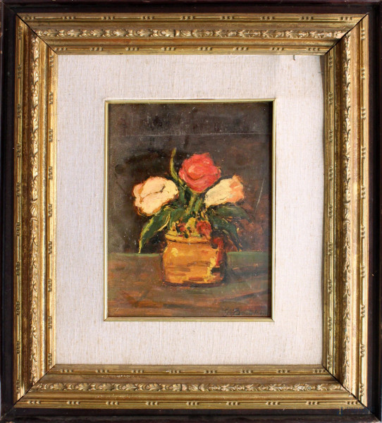 Giovanni Bartolena - Vaso con fiori, olio su cartoncino, cm 29 x 23, entro cornice.