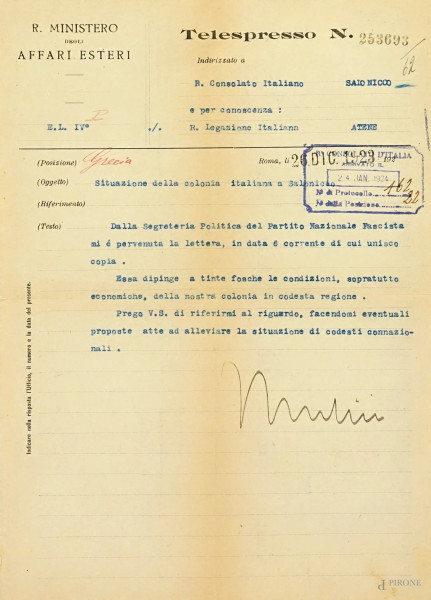 Telespresso del Ministero degli Affari Esteri, Documento di rilevanza storica a firma Mussolini riguardante la colonia di Salonicco, cm 29x21.