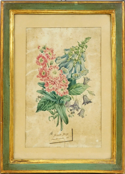 Mazzo di fiori, acquarello su carta, cm 32x20, firmato e datato Giuseppe Young 1861, entro cornice, (macchie sulla carta)