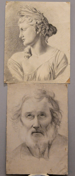 Lotto di due disegni diversi su carta, 44x29 - 41x32 cm, XIX sec.