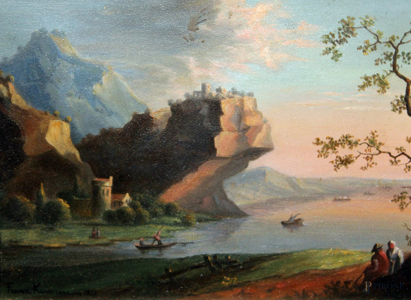 Coppia di paesaggi fluviali con figure, olio su tela, cm 18x24 entro cornice firmato F. Kaisermann.