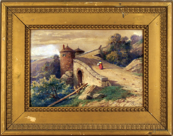 Paesaggio con ponte e figura, acquarello su carta 20x29 cm, firmato F.Gonin, entro cornice.