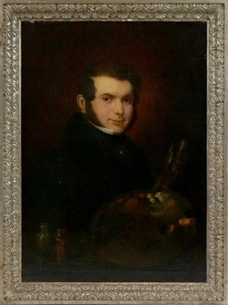 Pittore del XIX secolo, Autoritratto, olio su tela, cm 85,5x65,5, entro cornice.