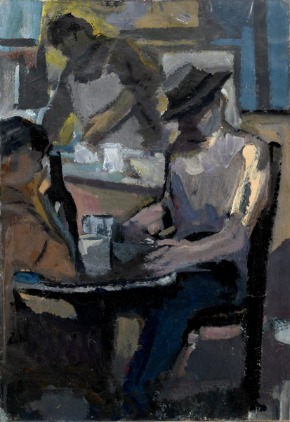 Edoardo Krumm (1916-1993), Al bistrot, tecnica mista su tela, cm 100x70, firmato al retro