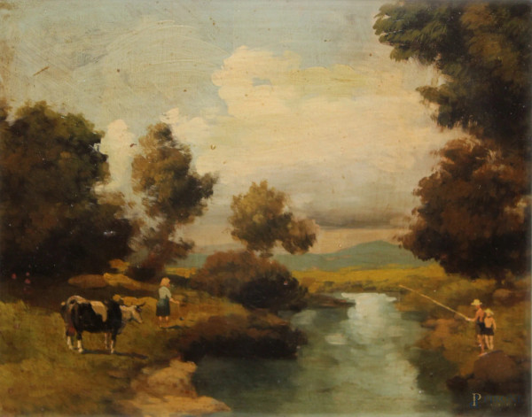 Paesaggio fluviale con fanciulli e armenti, olio su tavola, 26x29 cm, Pittore toscano del XX sec. entro cornice.