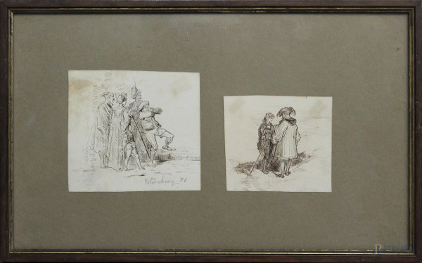 Lotto composto da due disegni a soggetto di figure, cm 9,5 x 11 e cm 7,5 x 8,5, Scuola Nord europea, XIX sec., entro cornice.