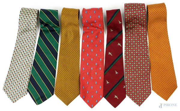 Roxy Roma, lotto di sette cravatte da uomo a varie fantasie e colori, (segni di utilizzo e macchie).
