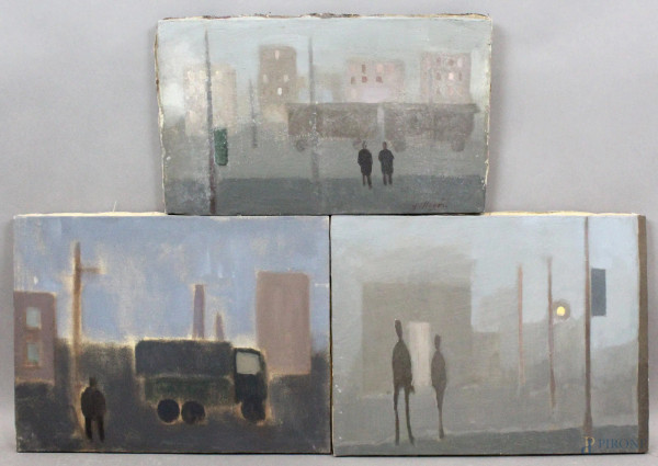 Franco Villoresi - Tre paesaggi con figure, olio su tela, misure max cm. 30x40