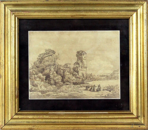 Paesaggio con rovine e figure, china su carta, cm 19x24,5, firmato Vianelli, entro cornice