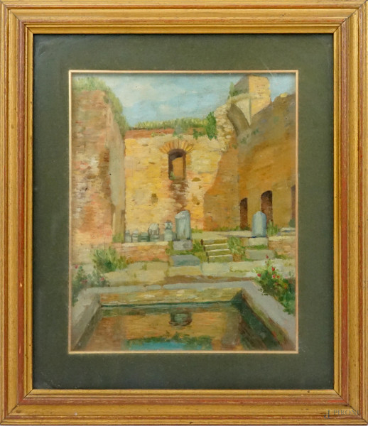 Rovine, olio su tavola, cm 32,5x25,5 ca, XX secolo, entro cornice.