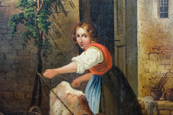 Pastorella, XIX secolo, olio su tela applicata su cartone, cm 50x33, firmato, entro cornice, (dif...