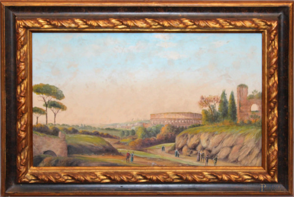 Paesaggio romano con veduta del Colosseo, tecnica mista su carta, cm 35 x 55, recante firma C. Montali, entro cornice.