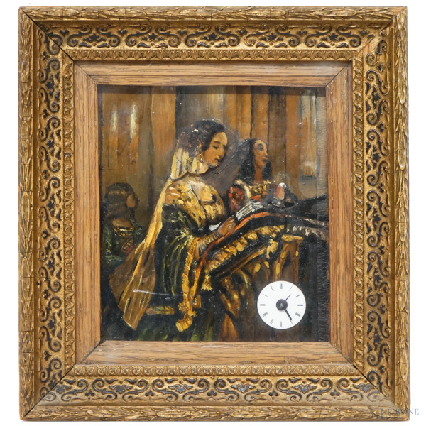 Orologio da muro automa con decoro raffigurante due figure femminili in preghiera, piccolo quadrante circolare, XX secolo, cm 27x25x10,5 (difetti e meccanismo da revisionare)