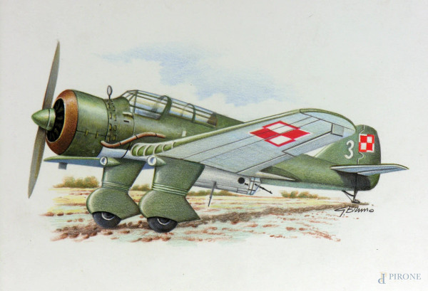 Aeropittore italiano del Novecento, Aereo da caccia, pastelli colorati su carta, cm 24x16, entro cornice, firmato G.Bruno