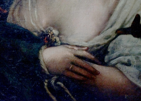 Scuola genovese del XVII secolo, Cristo e l'adultera, olio su tela, cm 93,5x117, entro cornice