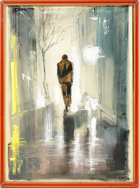 Renato Casaro C.Ren&#233; - Uomo nella notte, tecnica mista su cartoncino, cm 34,5x25, entro cornice.