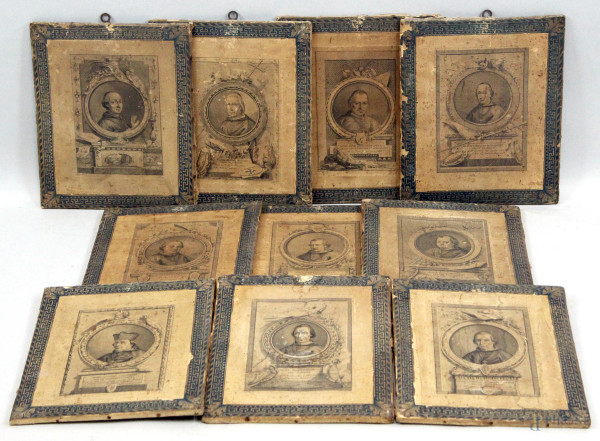 Dieci stampe raffiguranti busti  di uomini illustri e religiosi toscani, carta applicata su tela, cm 25x32,8, XIX secolo, (difetti).