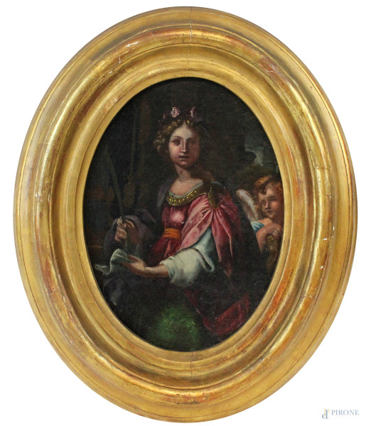 Santa Caterina d'Alessandria con angelo, olio su tela riportata su cartone, cm 26x19,5, inizi XVIII secolo, entro cornice ad assetto ovale.