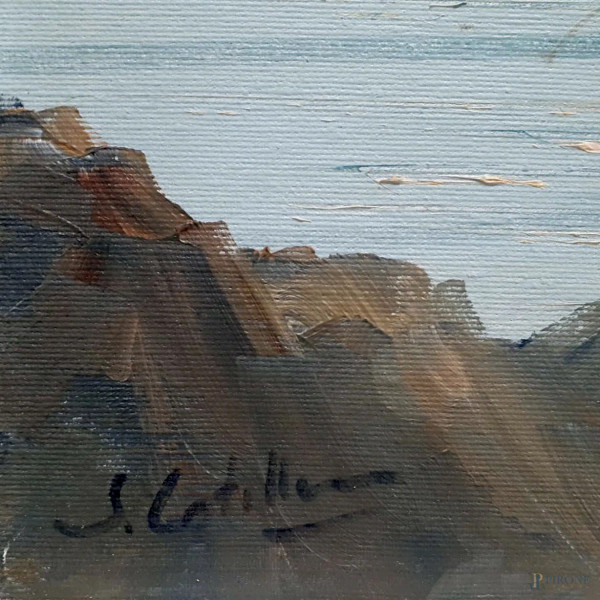 Scorcio marino con barche di pescatori, fine anni 60, olio su tela, cm 50x70, firmato