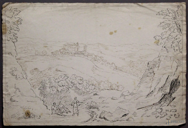 Paesaggio con figure, tecnica mista su carta, 28x44, XVIII sec.