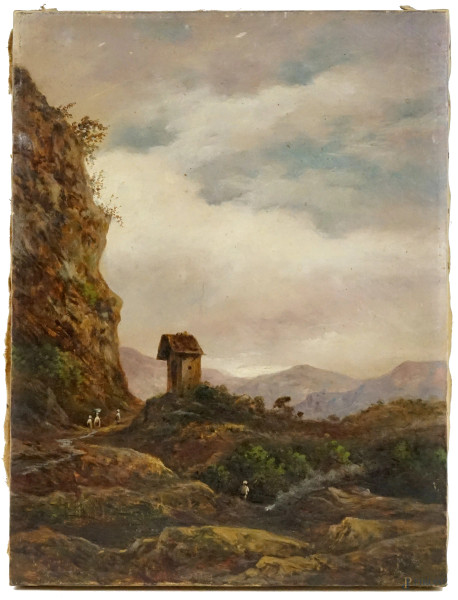 Pittore del XIX secolo, Paesaggio laziale, olio su tela, cm 33x25.