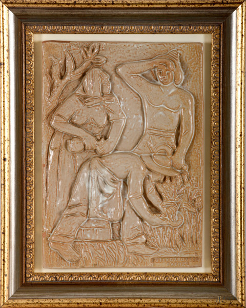 Mietitori, placca in ceramica "Bottega Gatti Faenza", cm 24,5x17, entro cornice