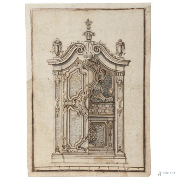 Studio architettonico, XVIII-XIX secolo, tecnica mista su carta, cm 28x20, (segni di usura, tracce di umidità, gore, foxing, lacerazioni della carta, tracce di piegatura)