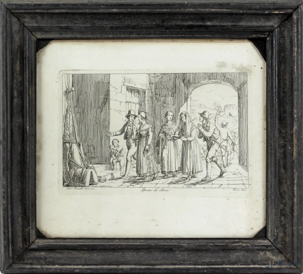 Sposa di Sezze, incisione da Salvatore Busuttil, cm 19x22, entro cornice, (difetti).