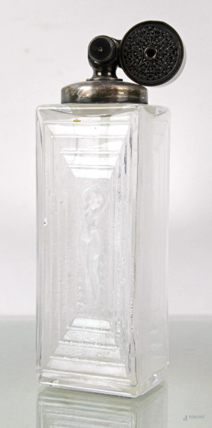 Bottiglia in cristallo Lalique, Francia, XX secolo, con decoro di figura femminile, firma incisa sotto la base, cm 18,5x6,5x5