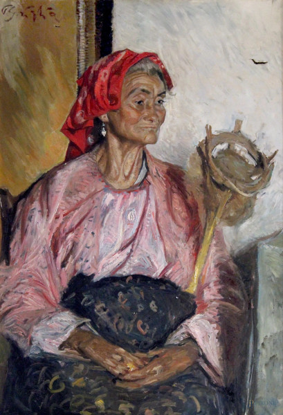 Paulo Ghiglia - Popolana con filarino, olio su tela, 100x63 cm, entro cornice, (riporta tagli sulla tela)