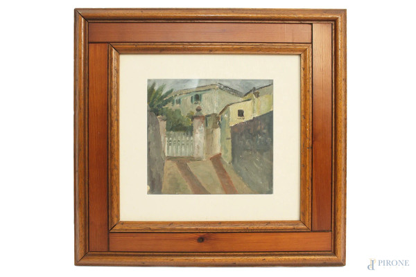 Cornelio Geranzani - Esterno di villa, dipinto ad olio su tela, cm 19 x 20,5, entro cornice.