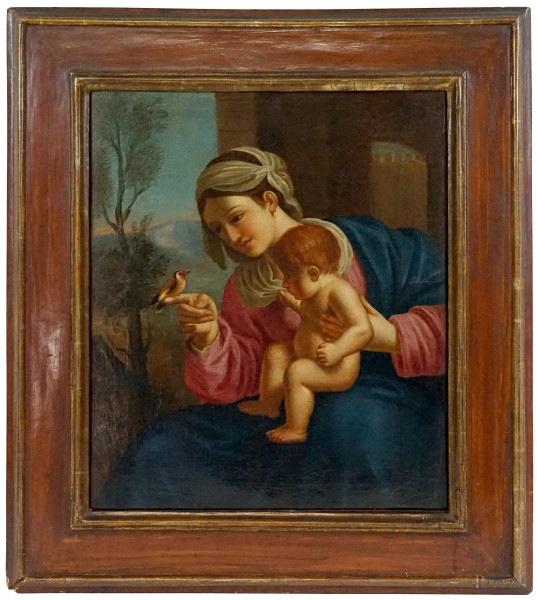 Scuola emiliana del XVIII secolo, Madonna col Bambino e cardellino, olio su tela, cm 44,5x37, entro cornice coeva in legno laccato e dorato